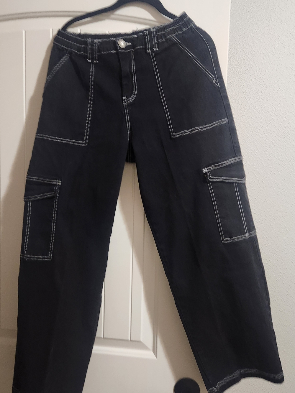 Almost Famous Black Straight Cargo Jeans with White Stitching